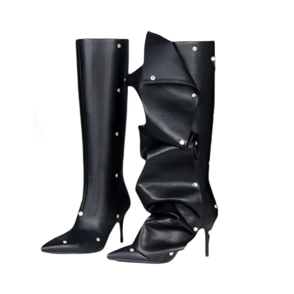 Eusibb Slouch Pointed Toe Knee High Boots Stiletto 8.5 Heel Pull On Convertible